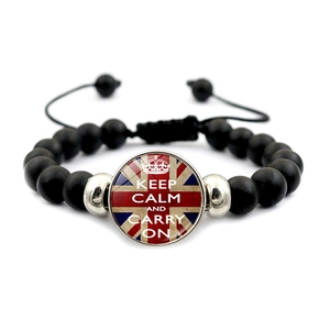 Keep Calm and Carry On Inspirierendes Perlenarmband Verstellbar Schwarzes Harz Glas Cabochon UK Flagge Zitat Schmuck Geschenk Für Damen Herren