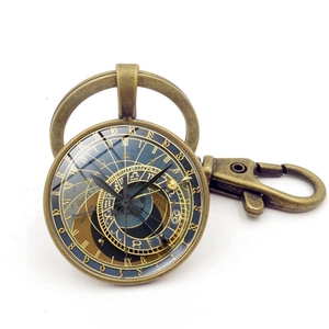 Vintage bronze Prague astronomical clock keychain with glass dome and lobster clasp hook