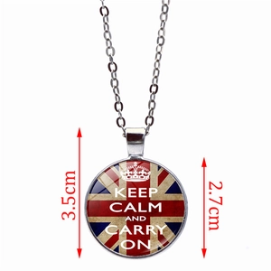 Silver necklace with Keep Calm and Carry On slogan and British flag round glass pendant