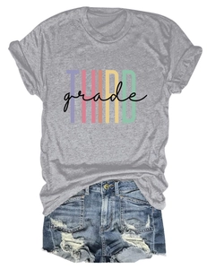 Close-up of light gray Third Grade print t-shirt with rolled sleeves and round neck