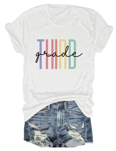 Flat lay of white Third Grade letter print t-shirt and ripped denim shorts set