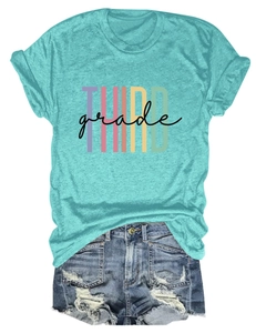 Detail of turquoise t-shirt with THIRD grade letter print and frayed denim shorts