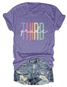 Detail of purple marl T-shirt featuring THIRD grade colorful graphic print for women