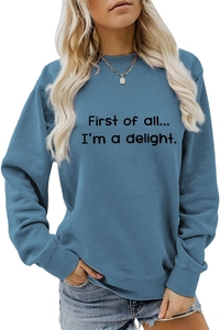 Blue crewneck sweatshirt featuring First of all artistic letter print for women