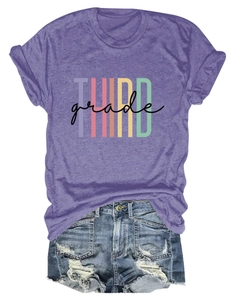 Detailed view of THIRD grade letter print on purple crew neck t-shirt with denim shorts