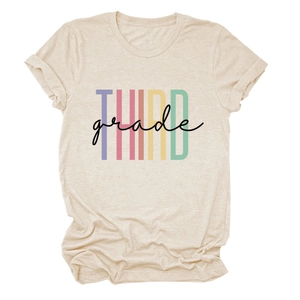 Detail of THIRD grade colorful striped text print on beige cotton women's short sleeve T-shirt