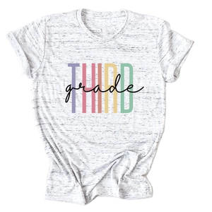 Detail of Heather White t-shirt with colorful Third Grade school letter printing