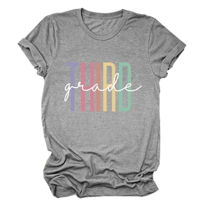 Detail of colorful Third Grade print and rolled sleeves on a gray casual cotton t-shirt