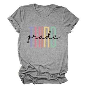 Detail of grey THIRD grade letter print on a soft cotton short sleeve casual t-shirt