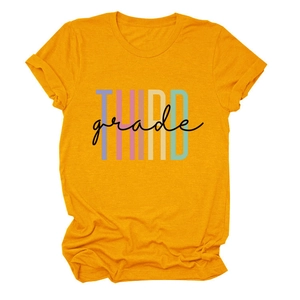Detail of THIRD grade graphic print on yellow cotton t-shirt with ribbed crew neck