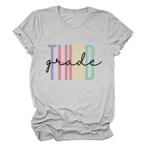 Detail of grey Third Grade graphic t-shirt showing colorful lines and cursive text design