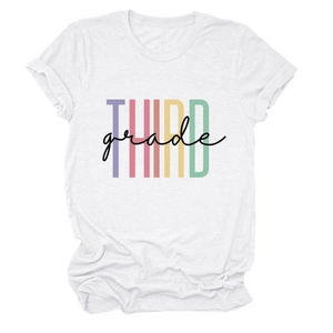 Detail showing the cotton fabric texture and colorful THIRD grade lettering on a white T-shirt