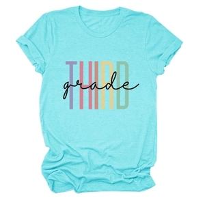 Detail of turquoise cotton T-shirt featuring colorful THIRD grade graphic print