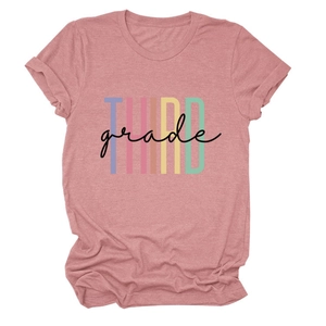 Detail of THIRD grade graphic print on dusty rose crew neck short sleeve cotton T-shirt