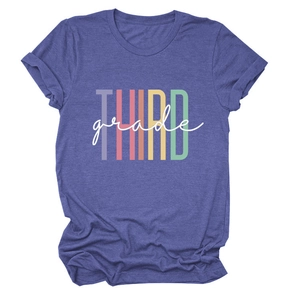 Detail of Heather Purple t-shirt showing the THIRD grade colorful print design