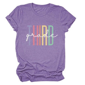 Detail of purple heather t-shirt with THIRD grade print and stylish rolled sleeves