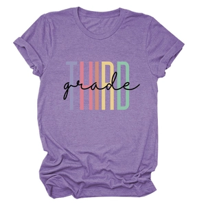 Women's heather purple round neck T-shirt with a colorful THIRD grade graphic print