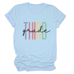 Light blue cotton T-shirt featuring a colorful Third Grade print for a casual summer style