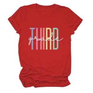 Detail of red crewneck t-shirt showing colorful THIRD grade printed typography on fabric