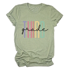 Detail of multi-colored Third Grade letter print on green short sleeve cotton t-shirt