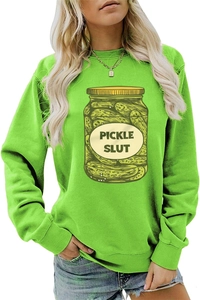 Detail of creative pickle slut jar print on bright green long sleeve sweatshirt