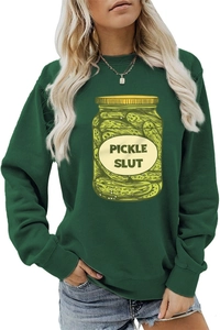 Detail of dark green crewneck sweatshirt featuring a creative Pickle Slut graphic print