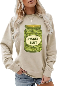 Detail of the high-quality ribbed crewneck and green Pickle Slut graphic on apricot sweatshirt