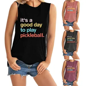 Débardeur Muscle Décontracté en Mélange de Coton pour Femmes Sans Manches Col Rond Imprimé Lettres It's A Good Day To Play Pickleball