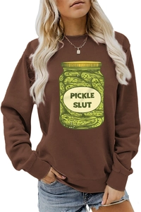Close-up of the Pickle Slut print and ribbed cuffs on this dark brown crewneck sweatshirt