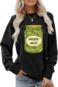 Detail shot of black sweatshirt with green pickle jar print and Pickle Slut text on front