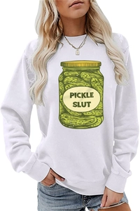 Detailed view of the Pickle Slut retro jar print on a white crewneck sweatshirt fabric