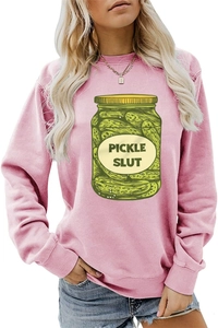 Detail of pink crewneck sweatshirt with green Pickle Slut jar print and hand-drawn design