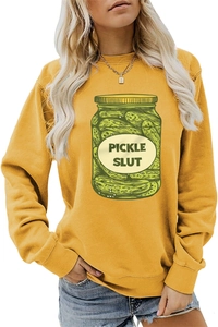 Detail of ginger yellow sweatshirt with Pickle Slut illustration and ribbed crew neck