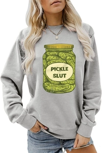 Close-up of Pickle Slut print and jar graphic on a casual grey crewneck sweatshirt