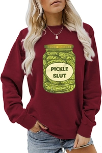 Close-up of Maroon sweatshirt featuring Pickle Slut text and graphic print detail