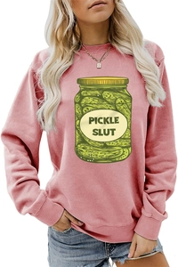 Detail of pink crewneck sweatshirt with Pickle Slut jar print and dropped shoulders