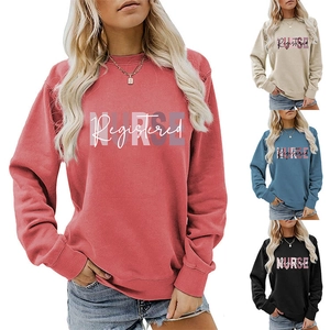 Detail view of Registered Nurse letter print on comfortable crewneck sweatshirts in multi colors
