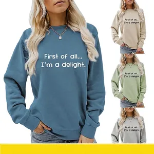 Women Casual Cotton Blend Sweatshirt Crew Neck Long Sleeve Pullover Letter Graphic Slogan Top Autumn Winter Streetwear Clothing