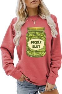 Close-up of Pickle Slut printed design on soft cotton blend ribbed sleeve sweatshirt