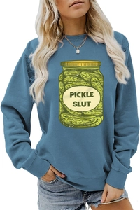 Detail of grey-blue crewneck sweatshirt with ribbed cuffs and Pickle Slut graphic