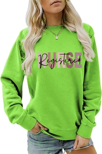 Detail of Registered NURSE lettering on a bright green crewneck sweatshirt fabric