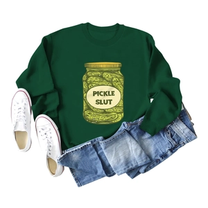 Pickle Slut dark green crewneck sweatshirt flat lay with jeans and white canvas shoes