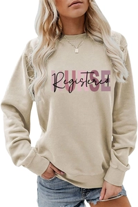 Detail of Registered NURSE letter print on beige long sleeve crewneck sweatshirt