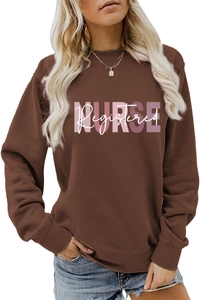 Detail of NURSE Registered letter print on brown long sleeve crewneck sweatshirt