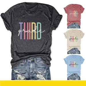 Women Casual Short Sleeve T-Shirt Colorful Third Grade Letter Print Round Neck Cotton Blend Summer Loose Top School Apparel