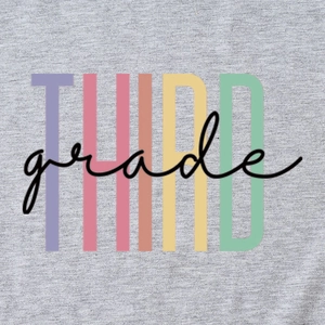 Women's grey cotton T-shirt featuring a colorful THIRD grade graphic print on the chest