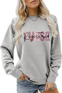 Detail of Registered NURSE letter print on a light grey long sleeve crewneck sweatshirt