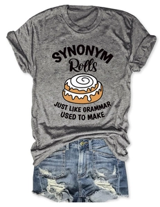 Detail of grey marl t-shirt featuring a synonym rolls graphic and cinnamon roll print