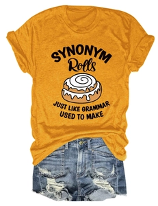 Detail of mustard yellow cotton T-shirt featuring SYNONYM Rolls print and denim shorts