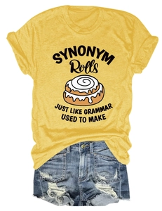 Flat lay of yellow cotton T-shirt with synonym rolls print and ripped denim shorts